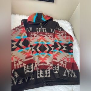 Wool Aztec Multicolor Patterned Full Zip Hooded Sweater XL